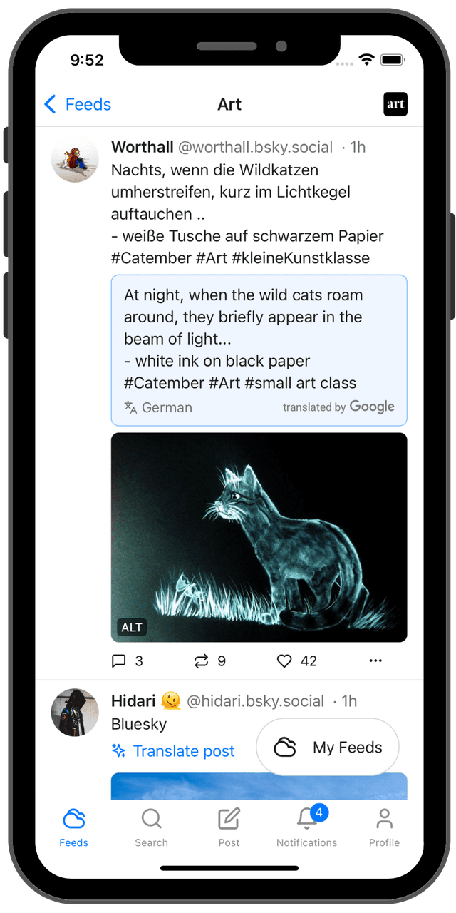 screenshot of Graysky's Art feed with an inline translation